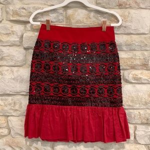Moulinette Soeurs Anthropologie Red Pencil skirt with black sequins, size US 0